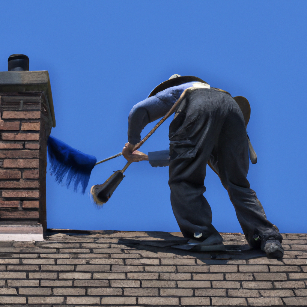 Professional chimney sweep on a Toronto rooftop with brush and harness against a blue sky